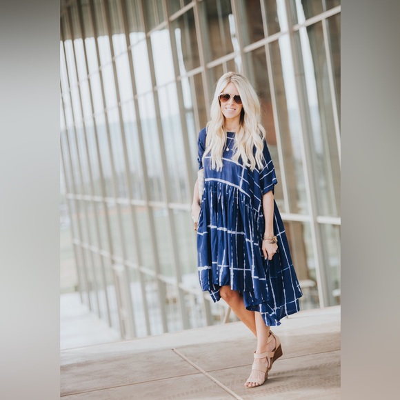 Sold Norblack Norwhite Anthro Navy Grid Print Smock Dress - Casual Women's Dress - Picture 6 of 16